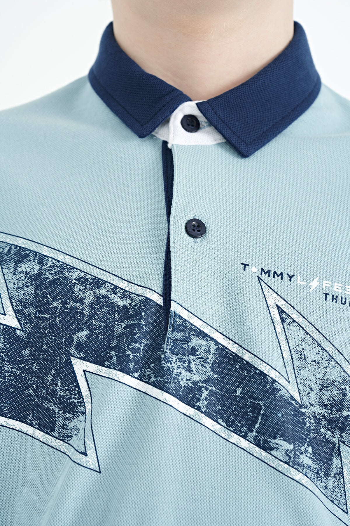 Light Blue Print Detailed Standard Cut Polo Collar Boys T-Shirt - 11154