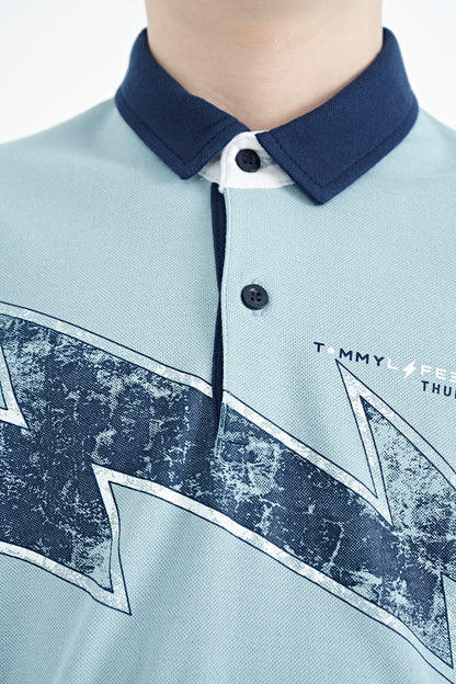 Light Blue Print Detailed Standard Cut Polo Collar Boys T-Shirt - 11154
