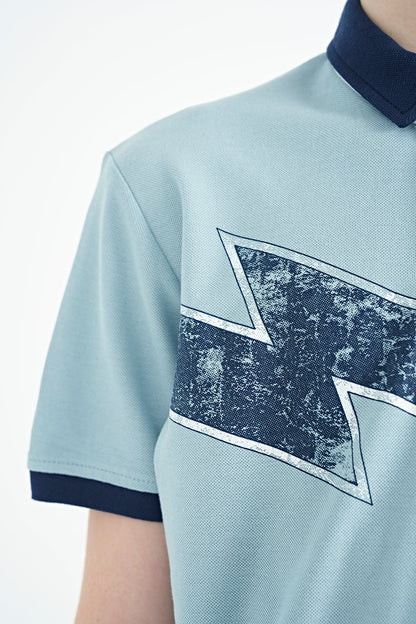 Light Blue Print Detailed Standard Cut Polo Collar Boys T-Shirt - 11154