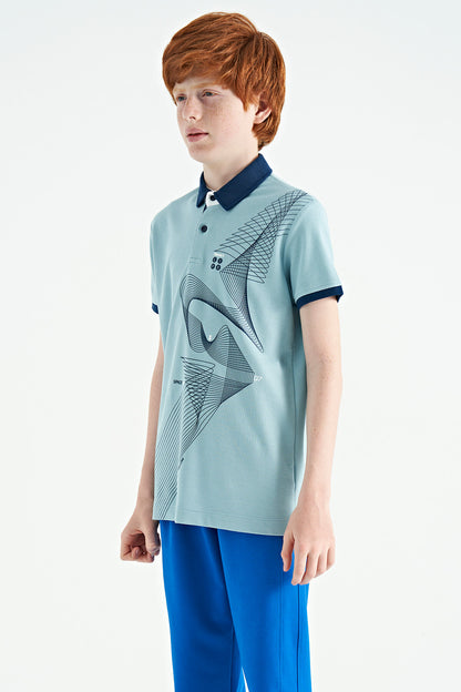 Light Blue Print Detailed Standard Cut Polo Collar Boys T-Shirt - 11164