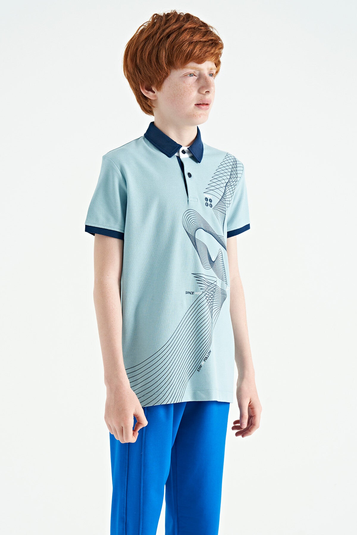 Light Blue Print Detailed Standard Cut Polo Collar Boys T-Shirt - 11164