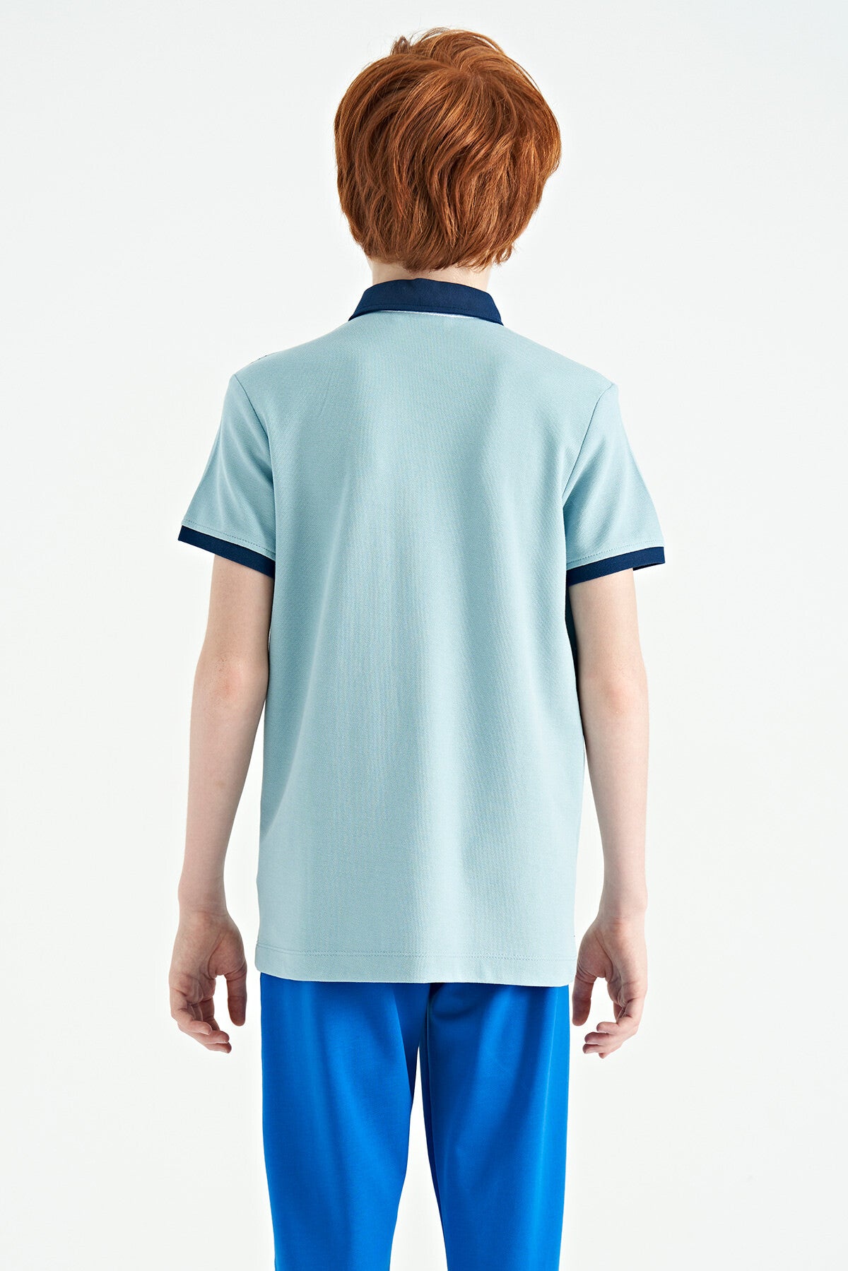 Light Blue Print Detailed Standard Cut Polo Collar Boys T-Shirt - 11164