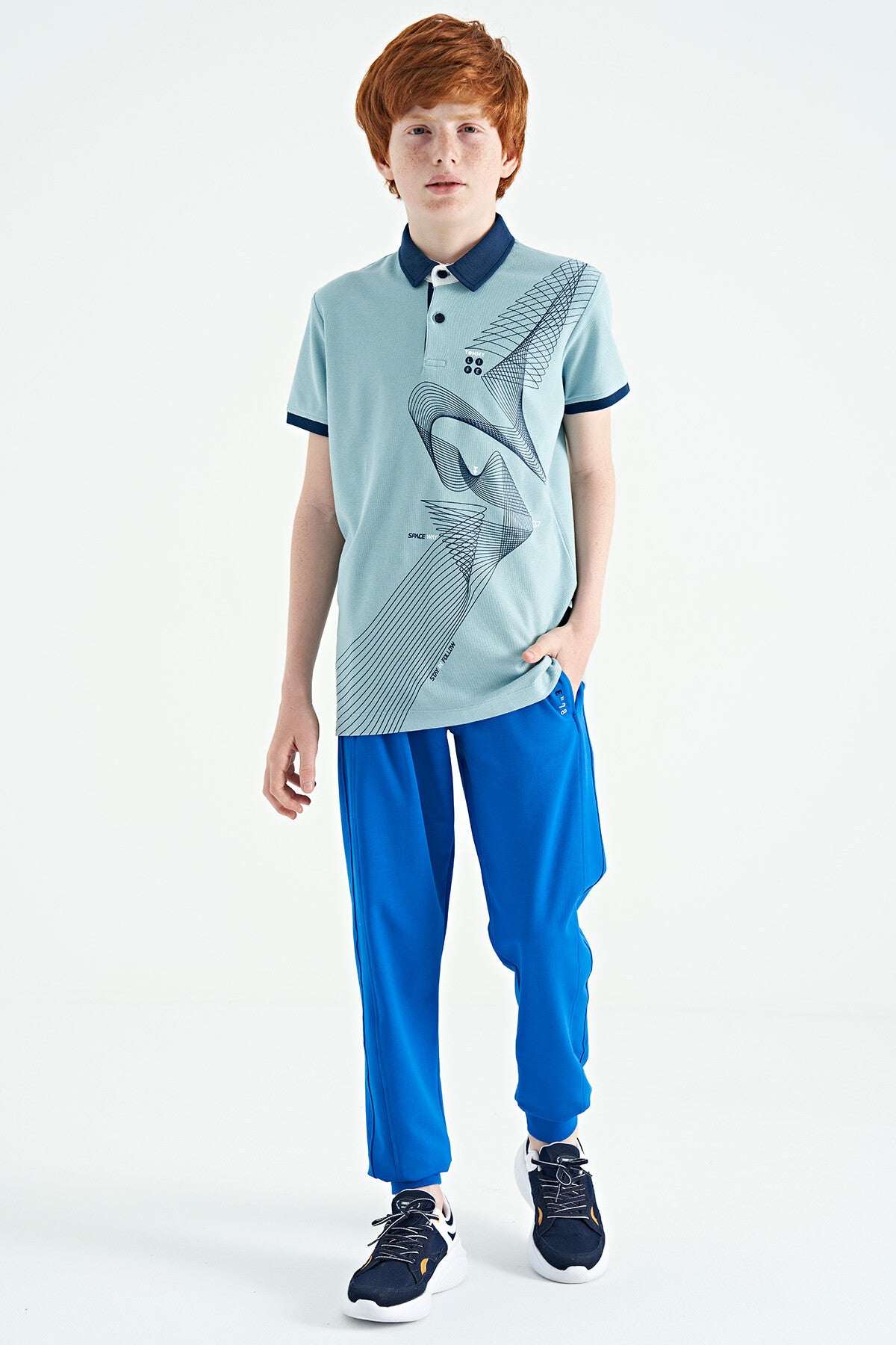 Light Blue Print Detailed Standard Cut Polo Collar Boys T-Shirt - 11164
