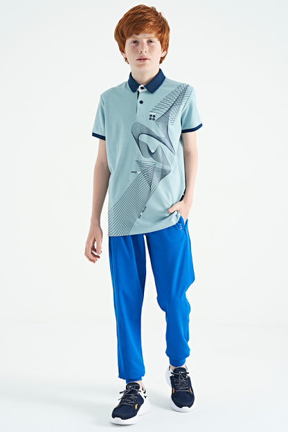 Light Blue Print Detailed Standard Cut Polo Collar Boys T-Shirt - 11164