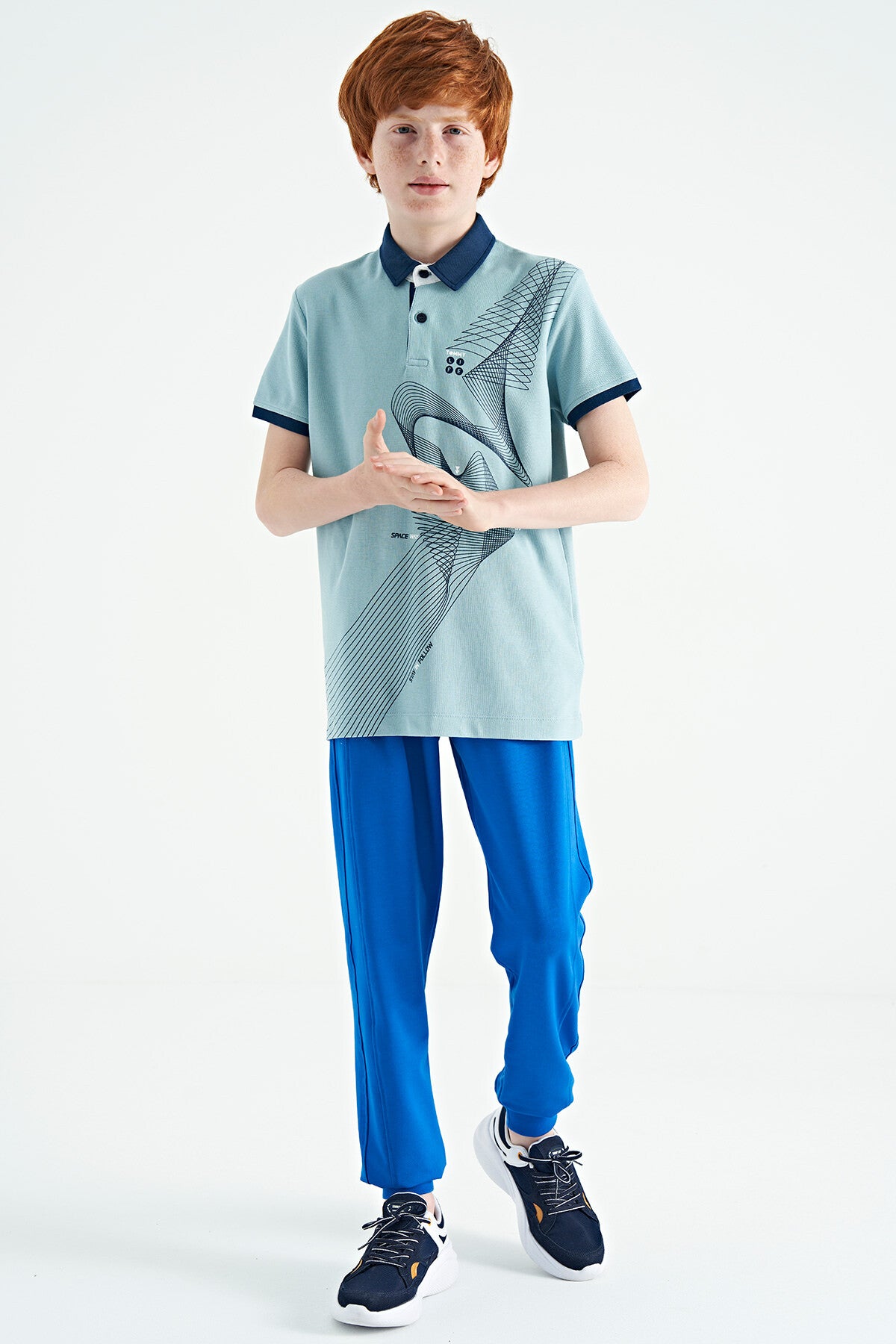 Light Blue Print Detailed Standard Cut Polo Collar Boys T-Shirt - 11164