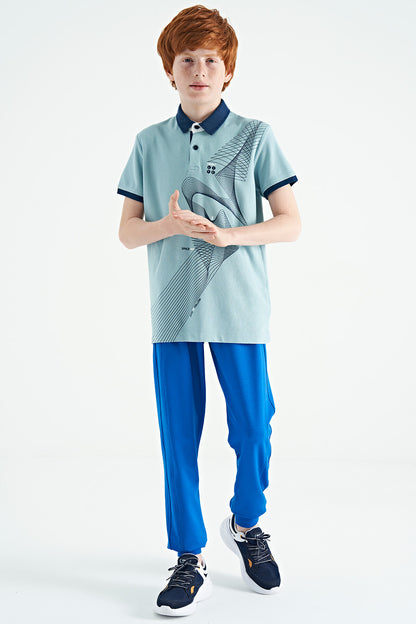 Light Blue Print Detailed Standard Cut Polo Collar Boys T-Shirt - 11164