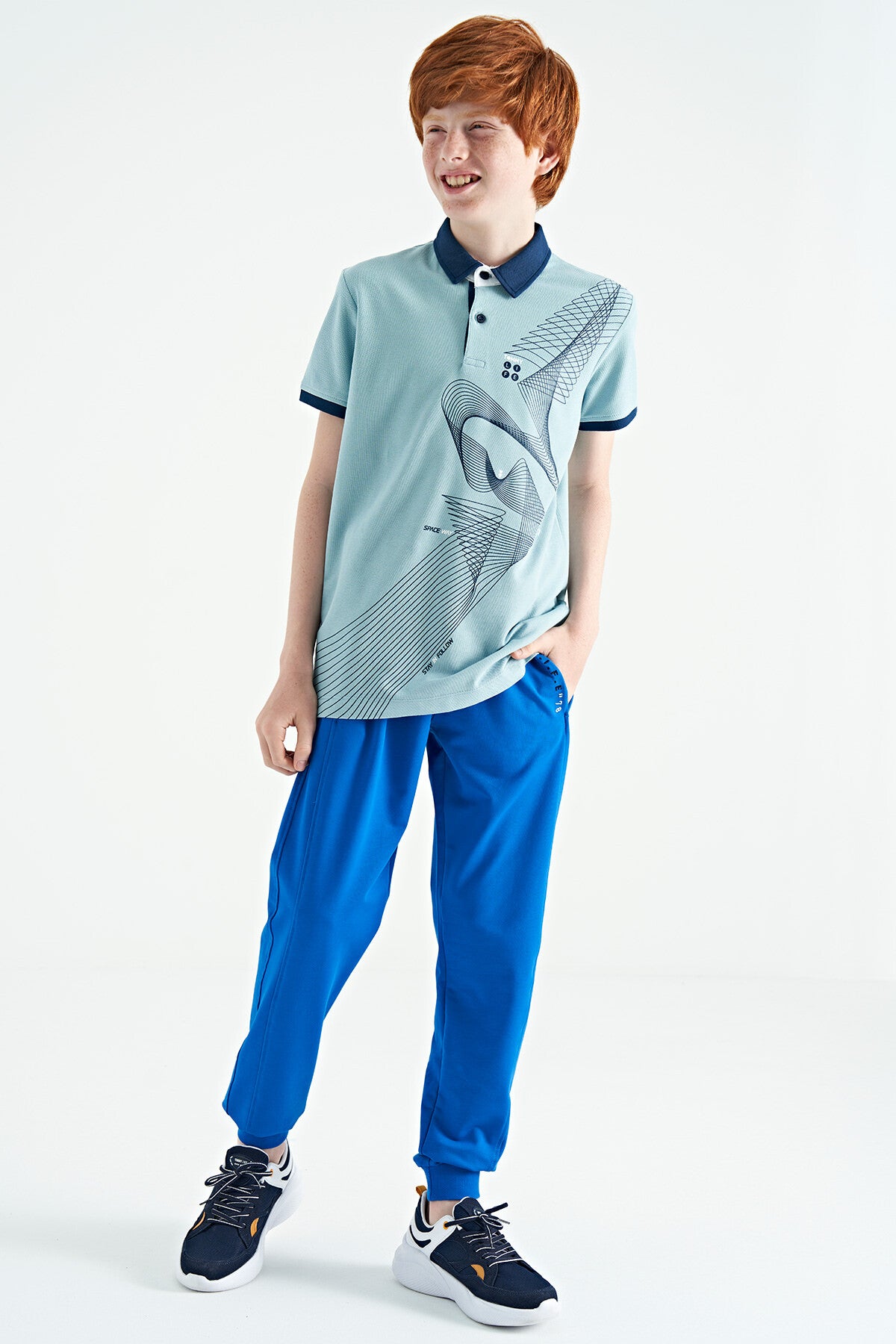 Light Blue Print Detailed Standard Cut Polo Collar Boys T-Shirt - 11164