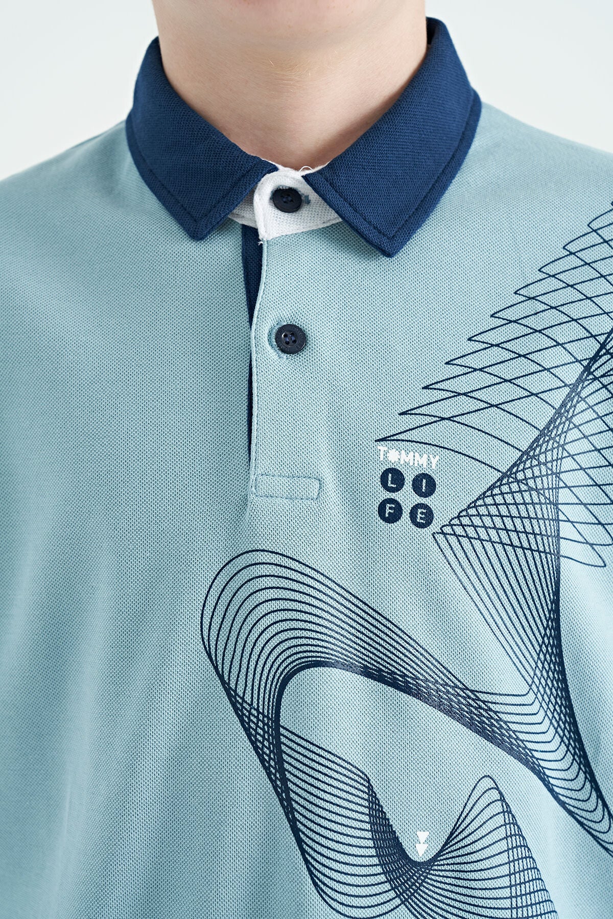 Light Blue Print Detailed Standard Cut Polo Collar Boys T-Shirt - 11164