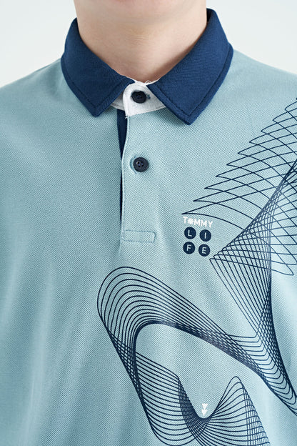 Light Blue Print Detailed Standard Cut Polo Collar Boys T-Shirt - 11164