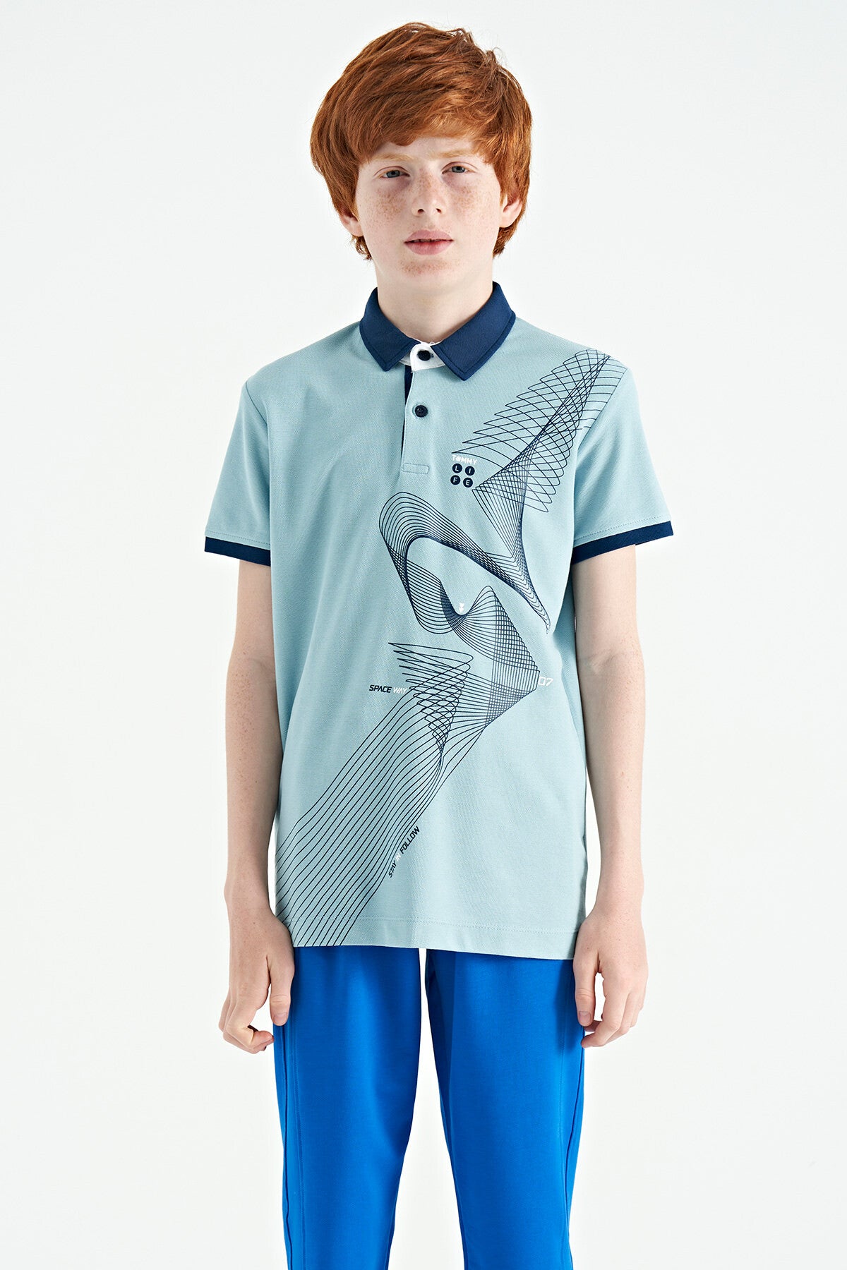 Light Blue Print Detailed Standard Cut Polo Collar Boys T-Shirt - 11164