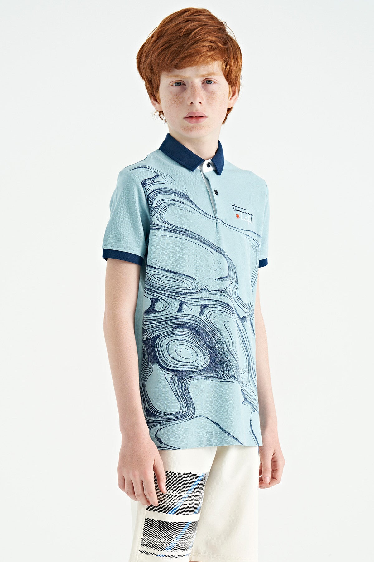 Light Blue Print Detailed Standard Fit Polo Collar Boys T-Shirt - 11165