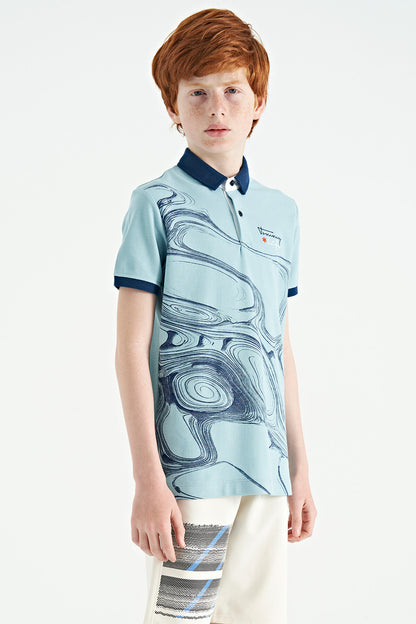 Light Blue Print Detailed Standard Fit Polo Collar Boys T-Shirt - 11165