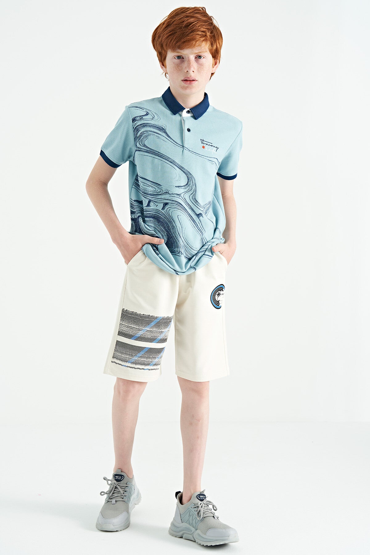 Light Blue Print Detailed Standard Fit Polo Collar Boys T-Shirt - 11165