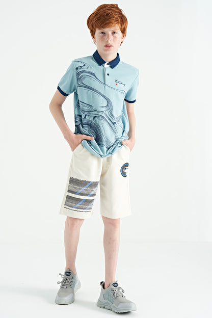 Light Blue Print Detailed Standard Fit Polo Collar Boys T-Shirt - 11165