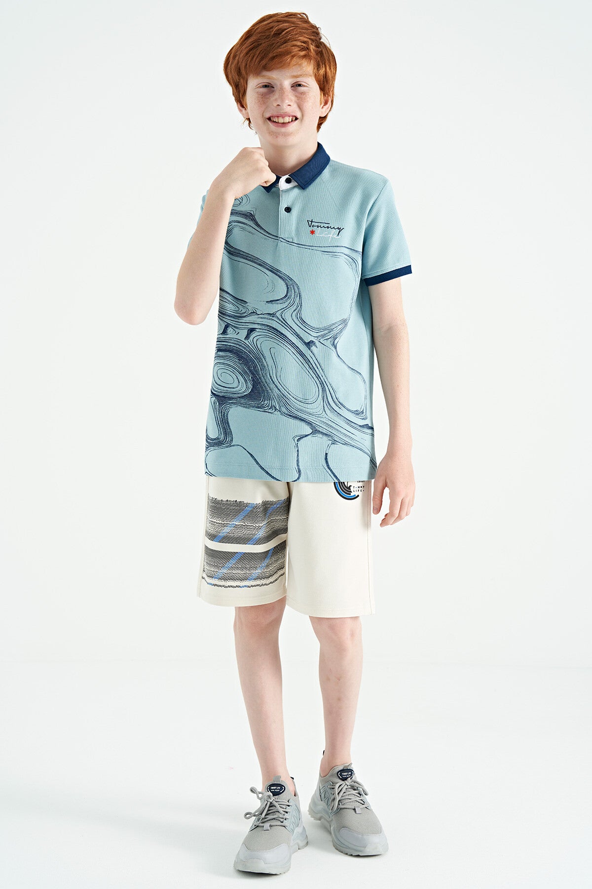 Light Blue Print Detailed Standard Fit Polo Collar Boys T-Shirt - 11165