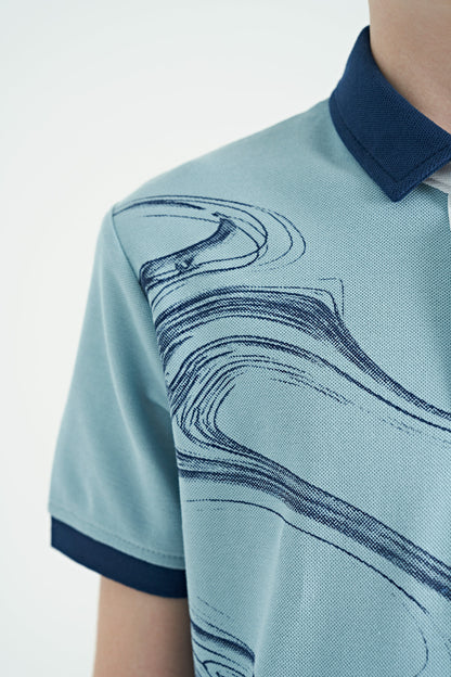 Light Blue Print Detailed Standard Fit Polo Collar Boys T-Shirt - 11165