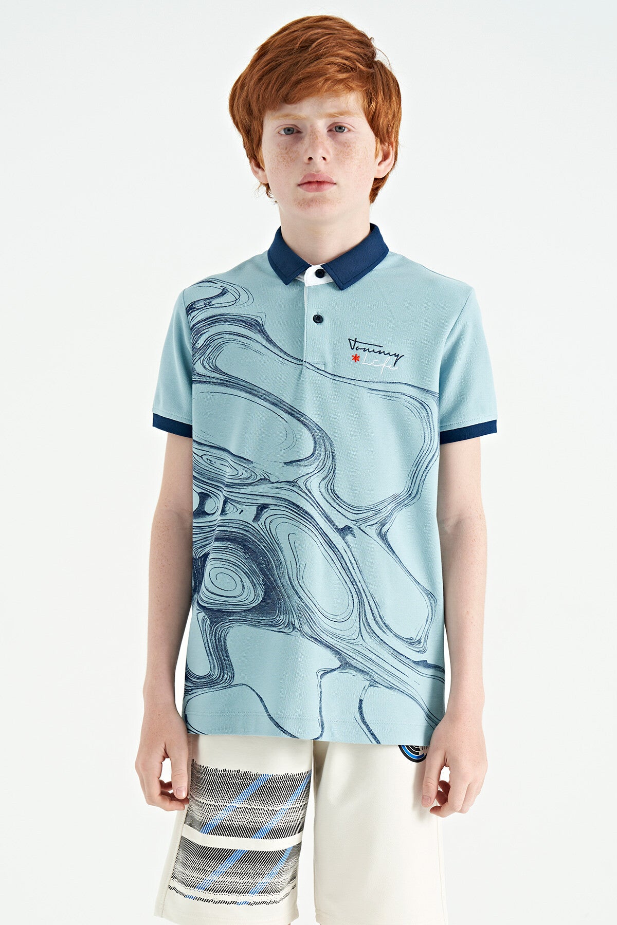Light Blue Print Detailed Standard Fit Polo Collar Boys T-Shirt - 11165