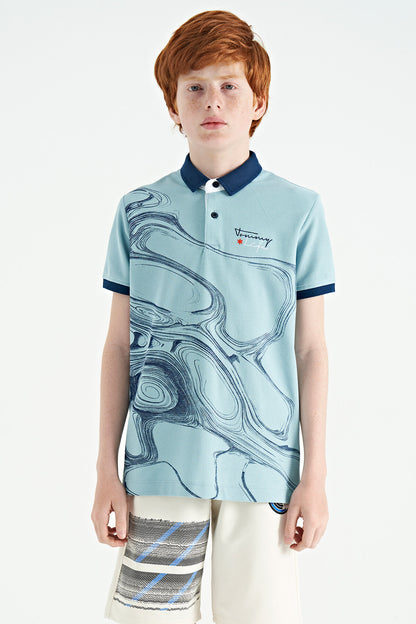 Light Blue Print Detailed Standard Fit Polo Collar Boys T-Shirt - 11165