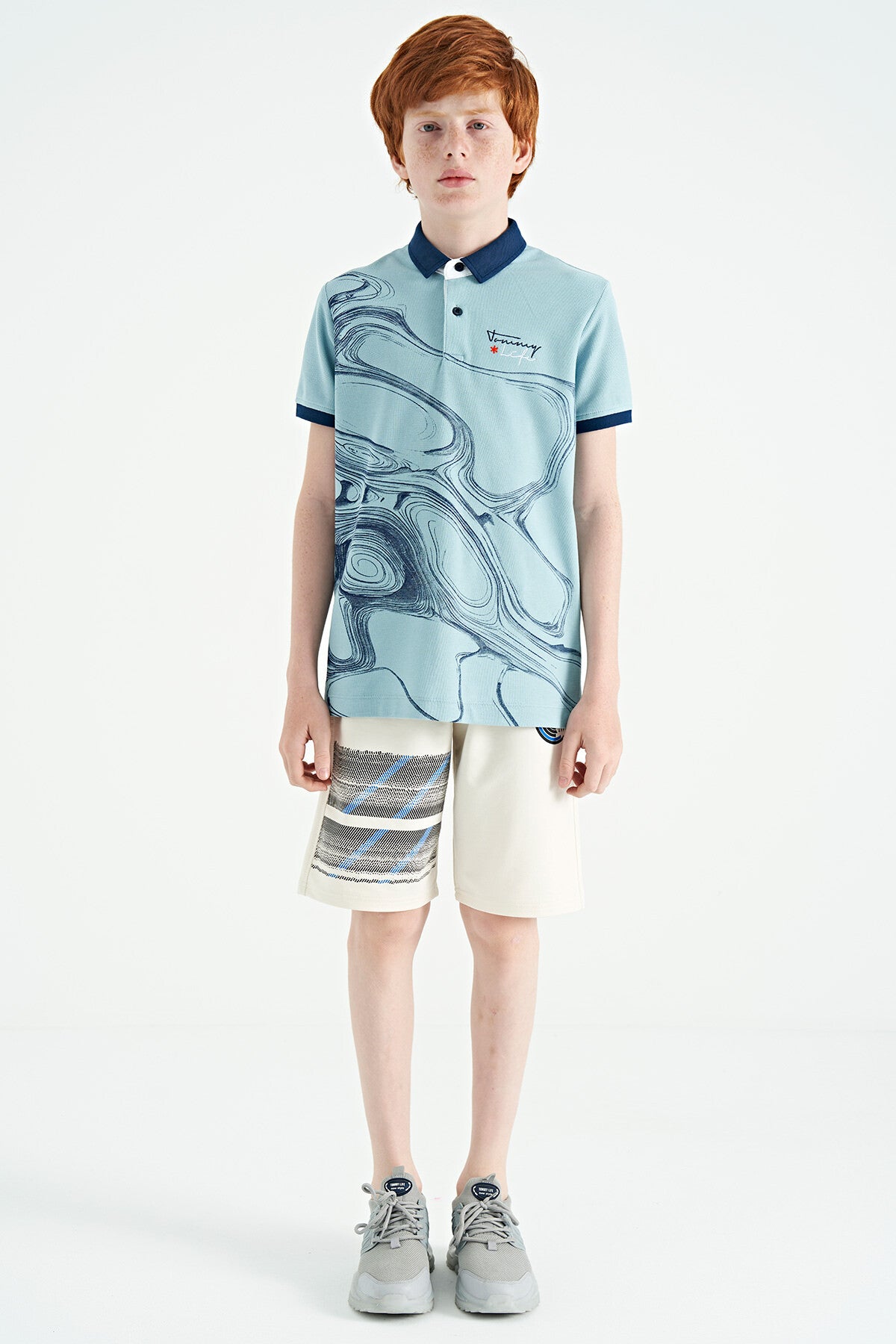 Light Blue Print Detailed Standard Fit Polo Collar Boys T-Shirt - 11165