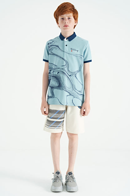 Light Blue Print Detailed Standard Fit Polo Collar Boys T-Shirt - 11165