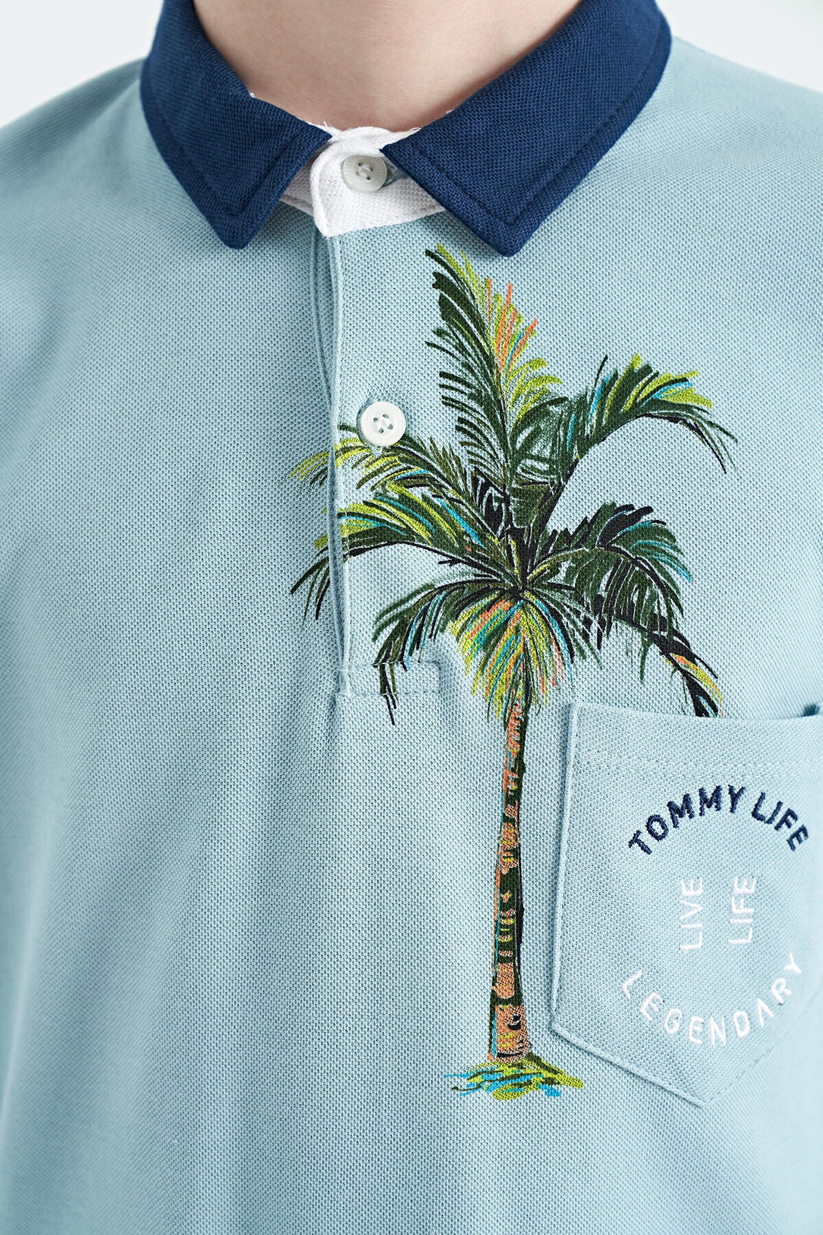 Light Blue Printed Pocket Detailed Standard Fit Polo Collar Boys T-Shirt - 11144