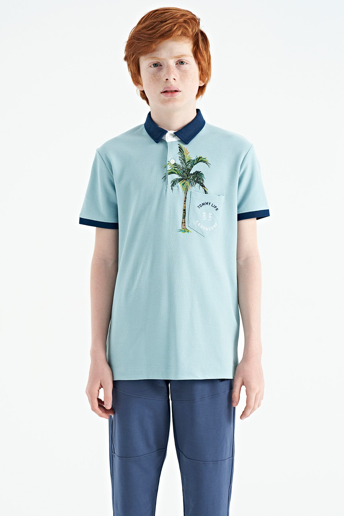 Light Blue Printed Pocket Detailed Standard Fit Polo Collar Boys T-Shirt - 11144