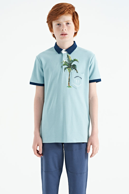 Light Blue Printed Pocket Detailed Standard Fit Polo Collar Boys T-Shirt - 11144
