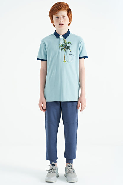 Light Blue Printed Pocket Detailed Standard Fit Polo Collar Boys T-Shirt - 11144