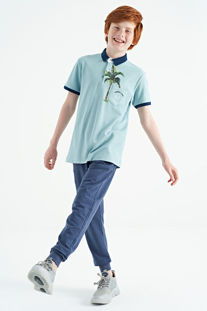 Light Blue Printed Pocket Detailed Standard Fit Polo Collar Boys T-Shirt - 11144