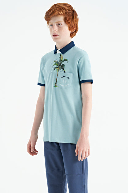 Light Blue Printed Pocket Detailed Standard Fit Polo Collar Boys T-Shirt - 11144