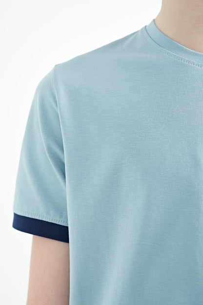 Light Blue Printed Standard Fit O Collar Boys T-Shirt - 11097