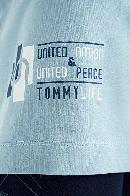 Light Blue Printed Standard Fit O Collar Boys T-Shirt - 11097