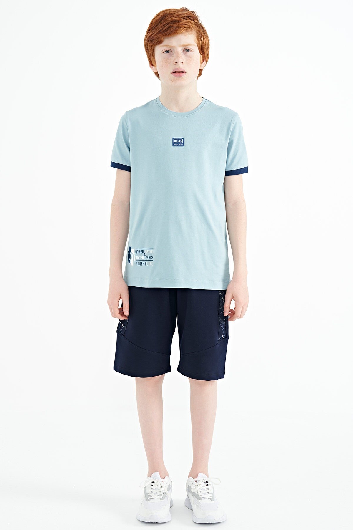 Light Blue Printed Standard Fit O Collar Boys T-Shirt - 11097