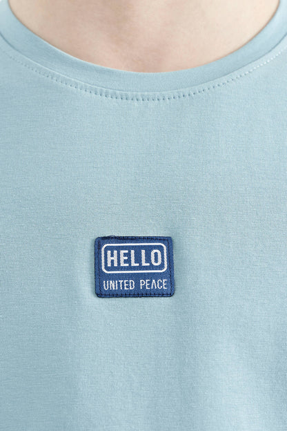 Light Blue Printed Standard Fit O Collar Boys T-Shirt - 11097