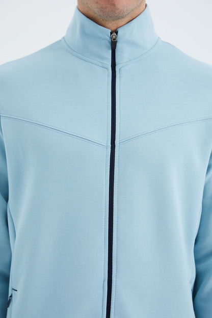 Navy Blue - Indigo Stand Collar Hidden Pocket Detailed Relax Fit Men's Tracksuit Set - 85220