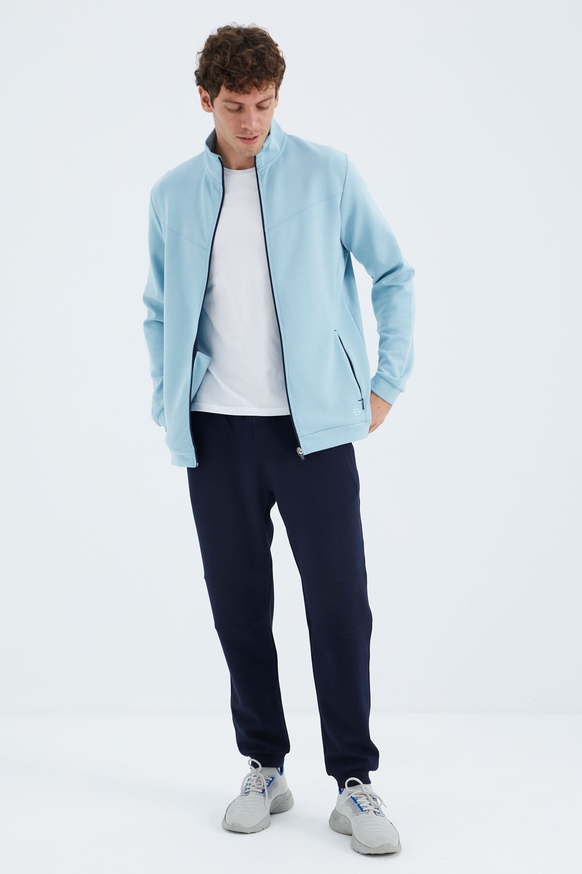 Navy Blue - Indigo Stand Collar Hidden Pocket Detailed Relax Fit Men's Tracksuit Set - 85220