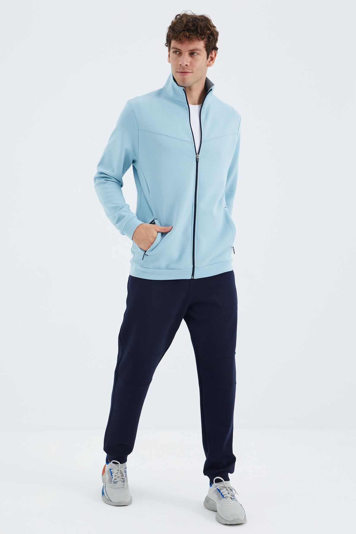 Navy Blue - Indigo Stand Collar Hidden Pocket Detailed Relax Fit Men's Tracksuit Set - 85220
