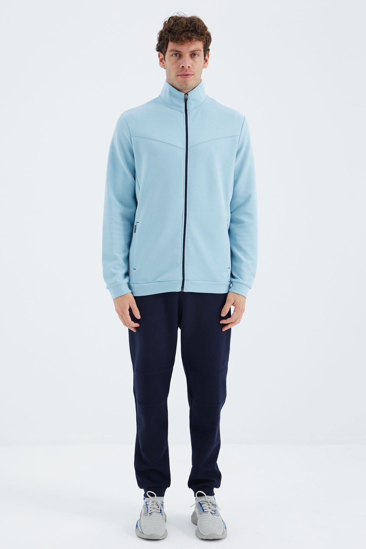 Navy Blue - Indigo Stand Collar Hidden Pocket Detailed Relax Fit Men's Tracksuit Set - 85220