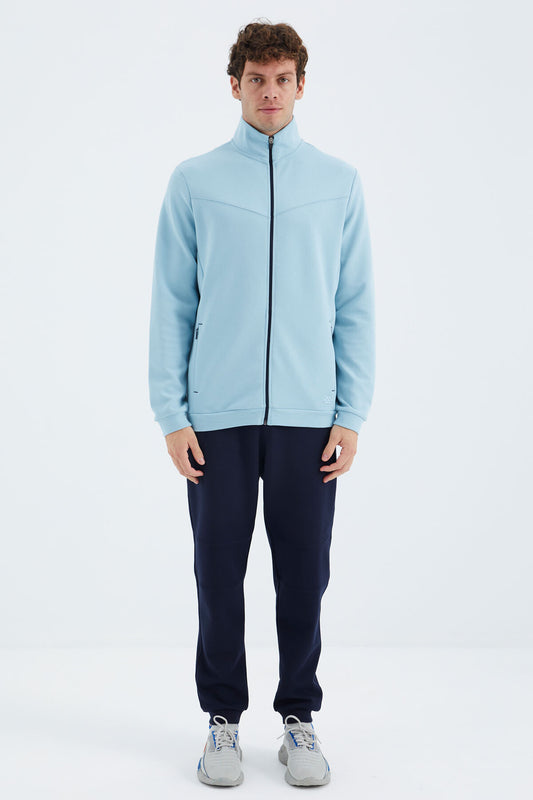 Navy Blue - Indigo Stand Collar Hidden Pocket Detailed Relax Fit Men's Tracksuit Set - 85220