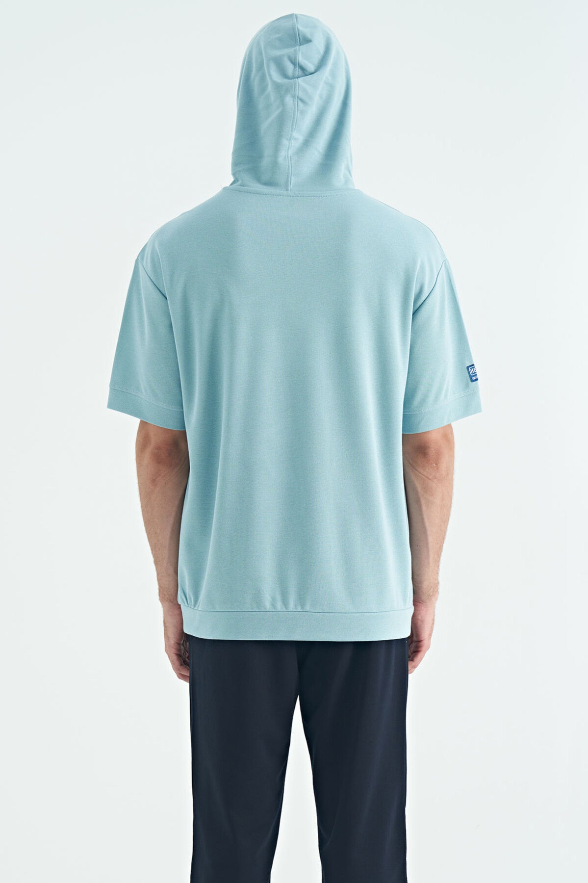 Light Blue Kangaroo Pocket Embroidered Hooded Men's T-Shirt - 88195