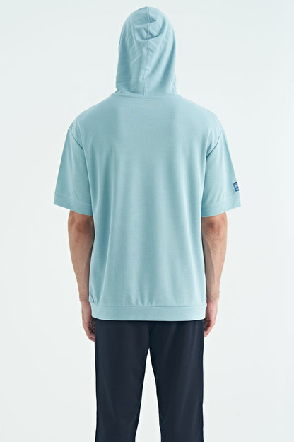 Light Blue Kangaroo Pocket Embroidered Hooded Men's T-Shirt - 88195