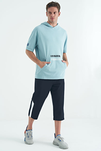 Light Blue Kangaroo Pocket Embroidered Hooded Men's T-Shirt - 88195