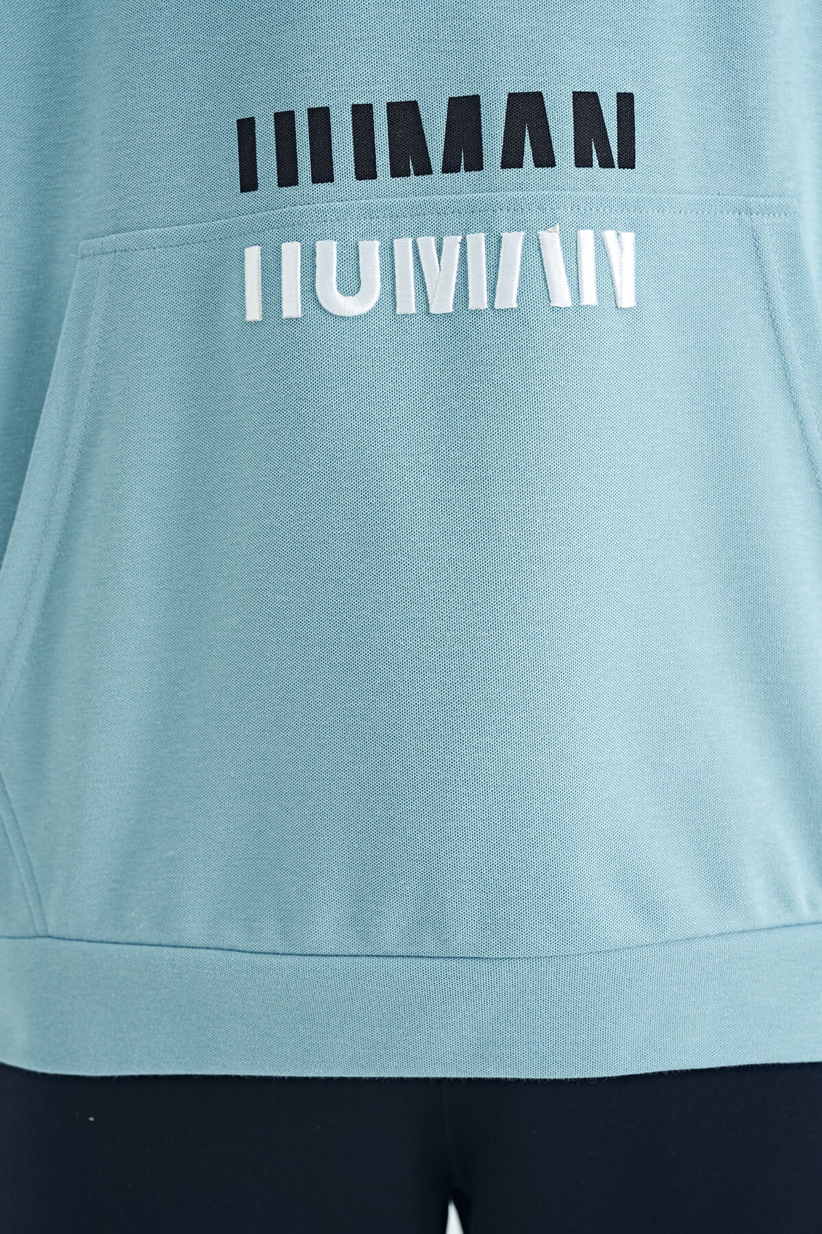 Light Blue Kangaroo Pocket Embroidered Hooded Men's T-Shirt - 88195