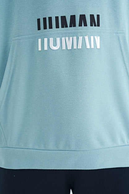 Light Blue Kangaroo Pocket Embroidered Hooded Men's T-Shirt - 88195