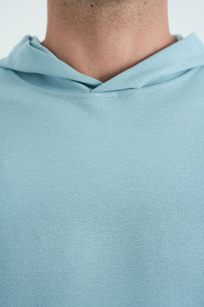 Light Blue Kangaroo Pocket Embroidered Hooded Men's T-Shirt - 88195