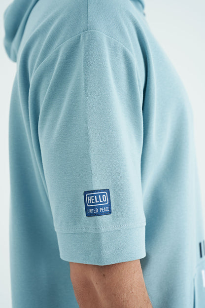 Light Blue Kangaroo Pocket Embroidered Hooded Men's T-Shirt - 88195