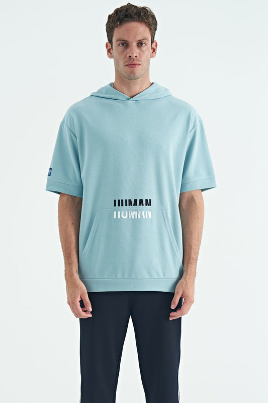 Light Blue Kangaroo Pocket Embroidered Hooded Men's T-Shirt - 88195