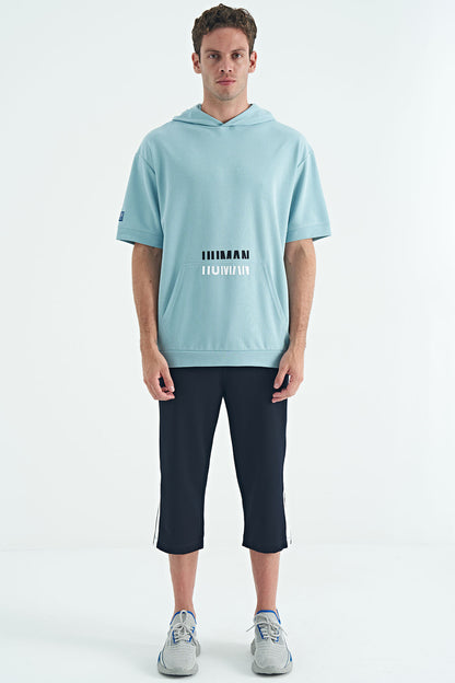 Light Blue Kangaroo Pocket Embroidered Hooded Men's T-Shirt - 88195