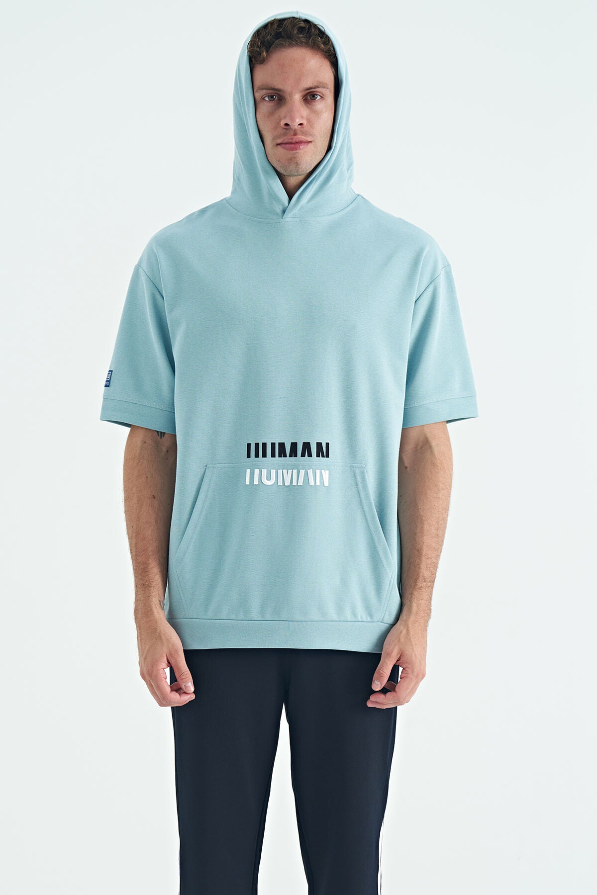Light Blue Kangaroo Pocket Embroidered Hooded Men's T-Shirt - 88195