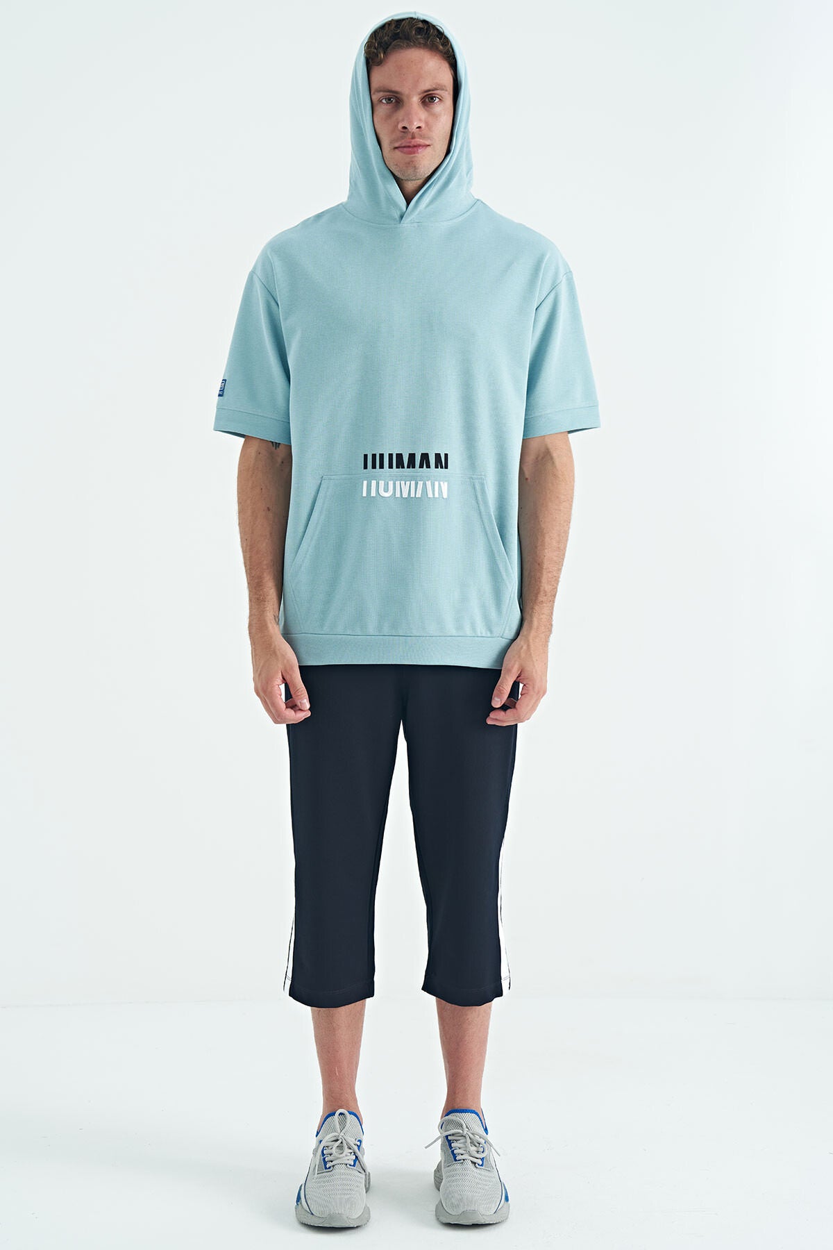 Light Blue Kangaroo Pocket Embroidered Hooded Men's T-Shirt - 88195
